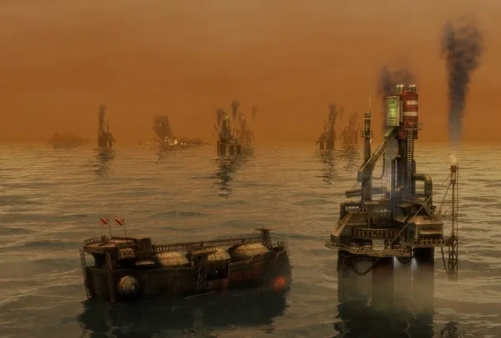 Dans le jeu Anno 2070, une scène de mer polluée sous un ciel orange avec des plateformes pétrolières émettant du noir et un navire en arrière-plan.