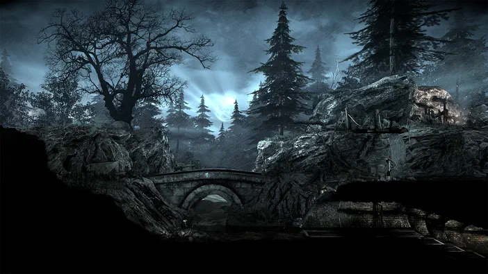 Capture d'écran du jeu vidéo This War of Mine montrant un paysage sombre avec une rivière traversée par un pont en pierre sous des arbres.