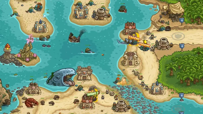 Capture d'écran de Kingdom Rush Frontiers montrant une carte stratégique avec des îles, des tours et des unités en combat.