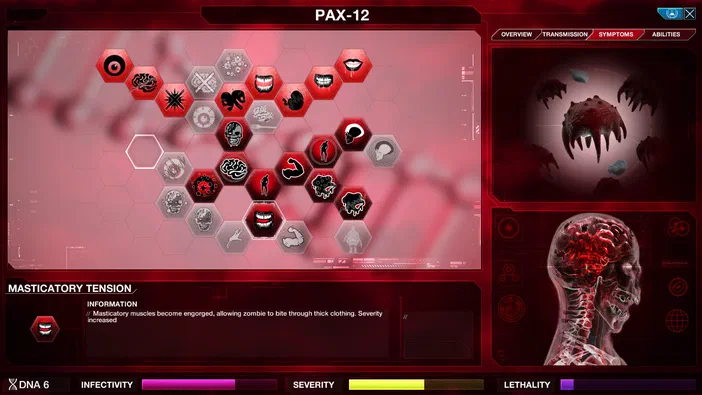 Capture d'écran du jeu Plague Inc: Evolved montrant l'interface de sélection des symptômes avec une carte hexagonale et un modèle anatomique.