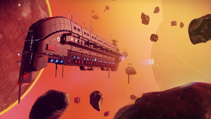 Dans l'univers de No Man's Sky, un vaisseau spatial navigue parmi des astéroïdes devant une planète rougeoyante.