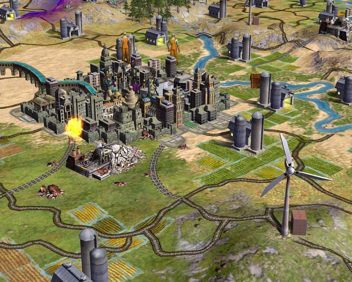 Capture d'écran du jeu Sid Meier's Civilization IV montrant une ville industrielle avec des usines et un train sur un terrain agricole.