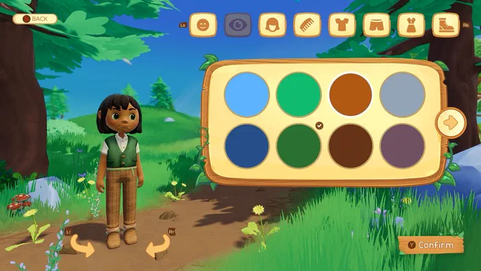 Dans le jeu Paleo Pines, un personnage féminin se tient dans une forêt verdoyante devant une interface de personnalisation affichant des cercles colorés.