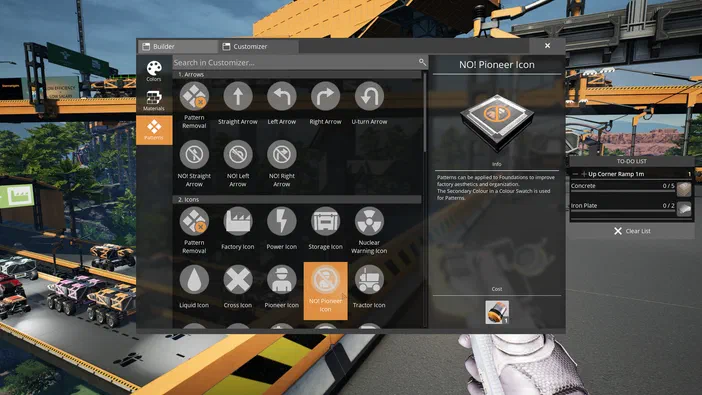 Capture d'écran du jeu Satisfactory montrant l'interface de personnalisation des motifs et icônes dans le menu Builder.