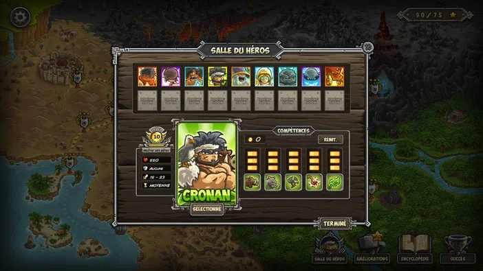 Capture d'écran de Kingdom Rush Frontiers montrant la salle du héros avec le personnage Cronan sélectionné et ses compétences.