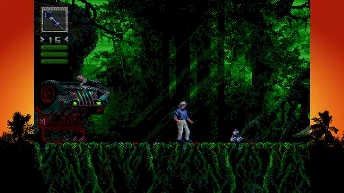 Capture d'écran du jeu Jurassic Park Classic Games Collection montrant un personnage dans une forêt dense avec des palmiers et de la végétation luxuriante.