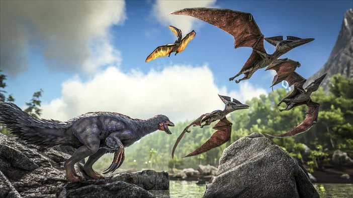 Capture d'écran du jeu vidéo ARK: Survival Evolved montrant un dinosaure et plusieurs ptérosaures dans une scène de survie.