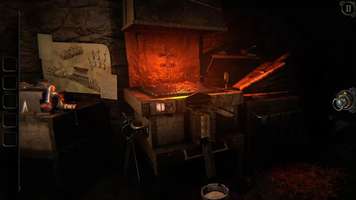 Capture d'écran du jeu The Room Three montrant une pièce sombre avec un fourneau émettant de la lumière orange et des objets mécaniques sur le côté.