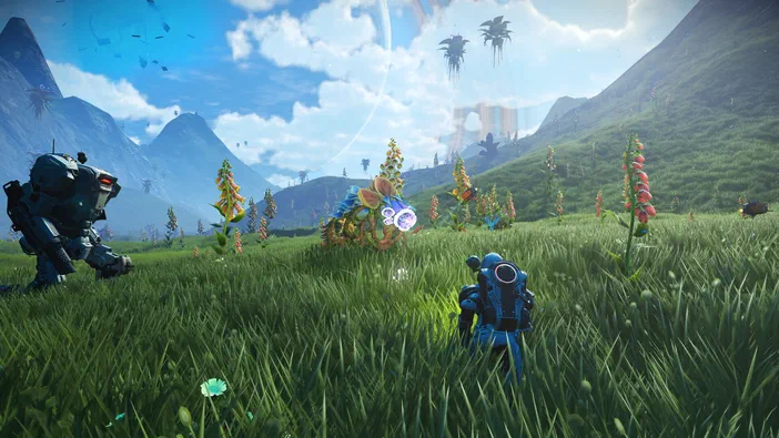 Dans le jeu vidéo No Man's Sky, deux robots se tiennent dans un champ d'herbe verte parsemé de fleurs colorées sous un ciel bleu avec des montagnes en arrière-plan.