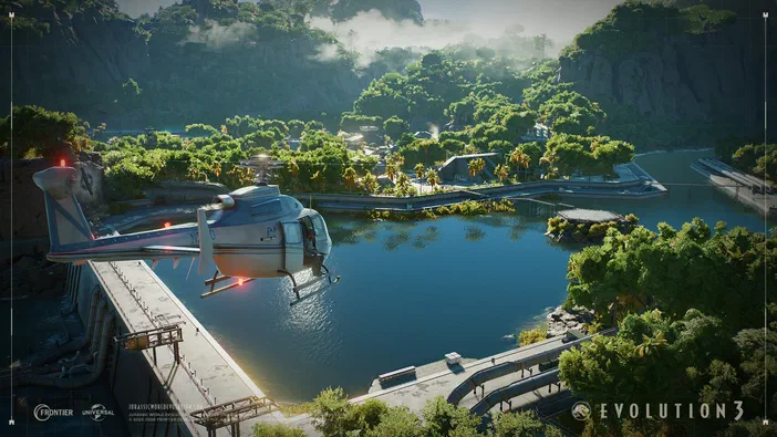 Vue d'une hélicoptère survolant une rivière entourée de végétation dense dans le cadre du jeu Jurassic World Evolution 3 Rebirth.