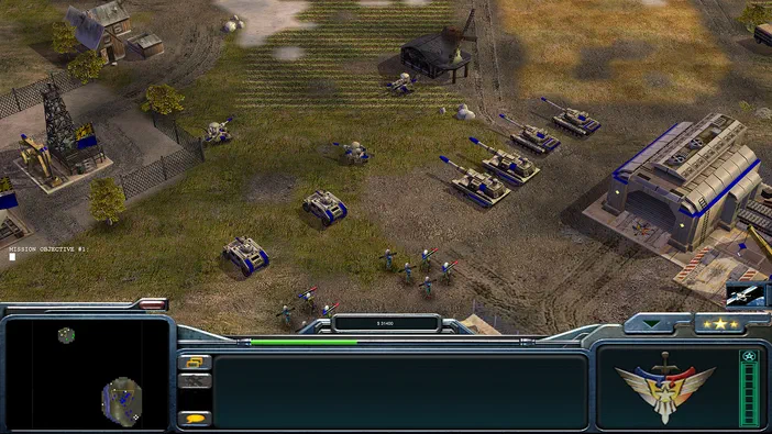 Capture d'écran du jeu de stratégie Command & Conquer™ Generals Zero Hour montrant une base avec des tanks et des soldats sur un terrain.