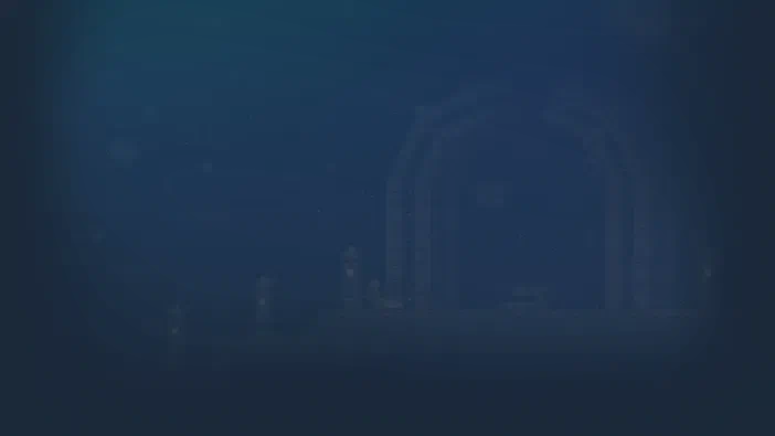 Fond d'écran du jeu Starbound montrant une arche en pierre dans un environnement sombre et brumeux.