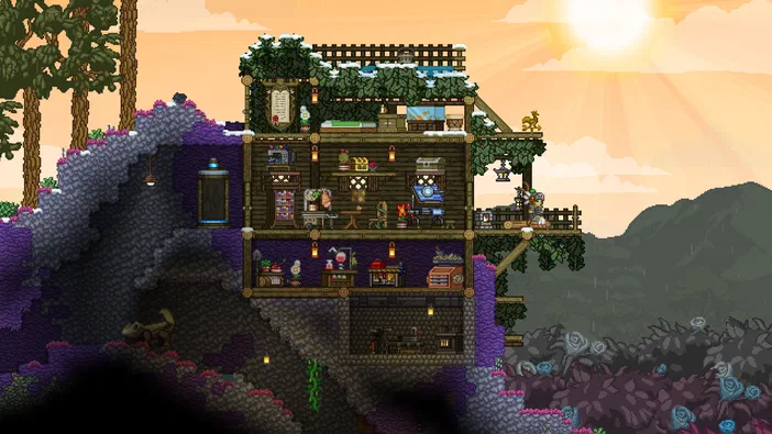 Capture d'écran du jeu vidéo Starbound montrant une maison en bois à plusieurs étages perchée sur un rocher violet avec des arbres et le soleil couchant.