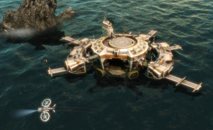 Vue aérienne d'une base flottante futuriste dans l'eau avec un vaisseau spatial en approche.