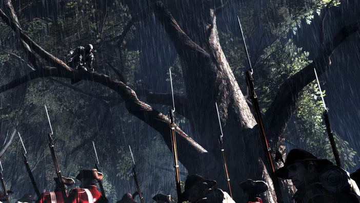 Capture d'écran du jeu Assassin's Creed III montrant un personnage perché sur une branche d'arbre dans la pluie, observé par des soldats en uniforme rouge tenant leurs mousquets.