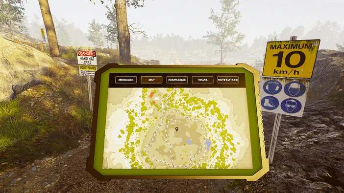 Capture d'écran du jeu vidéo Dinosaur Fossil Hunter montrant une interface de carte avec des panneaux signalétiques dans un environnement forestier.