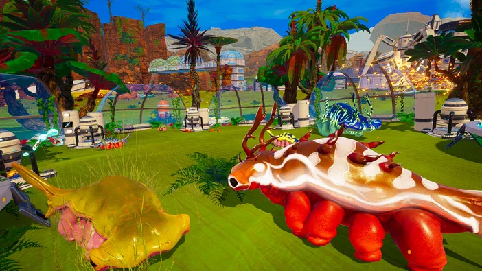 Capture d'écran du jeu vidéo The Planet Crafter montrant deux créatures colorées sur une pelouse verte avec des structures en arrière-plan.