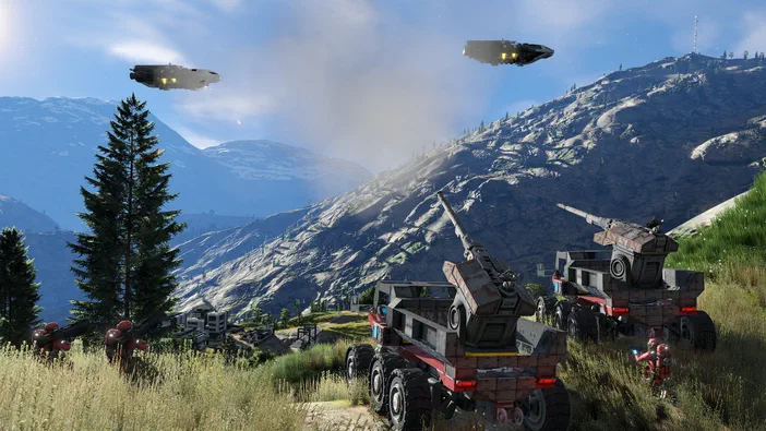 Capture d'écran du jeu Space Engineers montrant des véhicules blindés et deux vaisseaux spatiaux au-dessus d'un paysage montagneux.