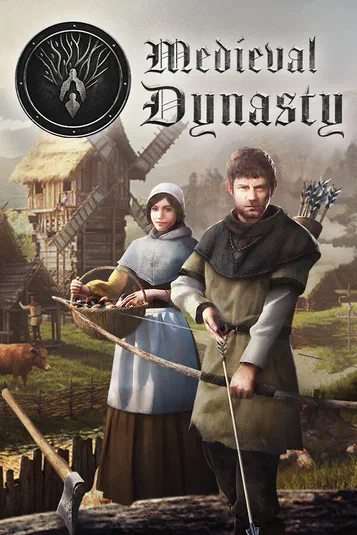 Affiche du jeu vidéo Medieval Dynasty montrant un homme et une femme en tenue médiévale tenant respectivement arc et corbeille de fruits devant un village rustique avec moulin à vent.