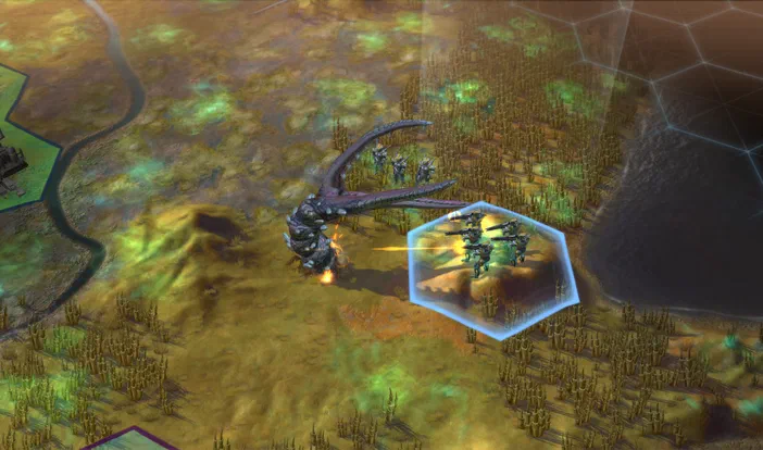 Capture d'écran du jeu Sid Meier's Civilization: Beyond Earth montrant une créature mécanique et des unités militaires sur un terrain hexagonal.