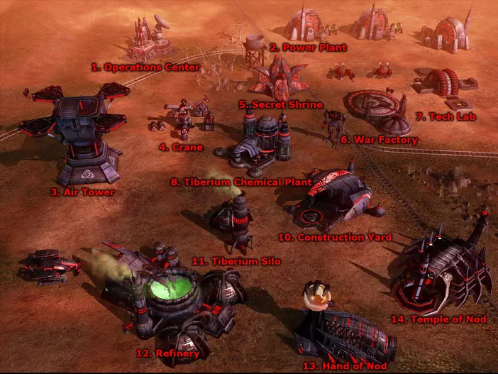 Vue d'ensemble des bâtiments de la faction Nod dans le jeu vidéo Command & Conquer 3 : Tiberium Wars.