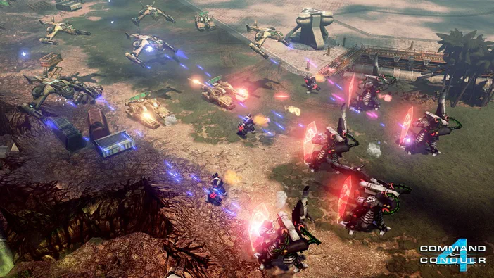 Capture d'écran de Command & Conquer™ 4 Tiberian Twilight montrant une bataille entre des unités terrestres et aériennes sur un terrain accidenté.