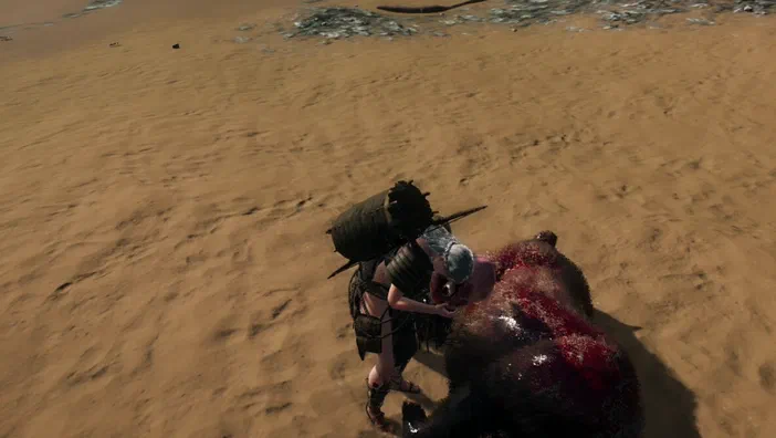 Dans le jeu vidéo Survisland, un personnage en armure sombre se tient sur une plage de sable et s'apprête à tuer un ours blessé couvert de sang.