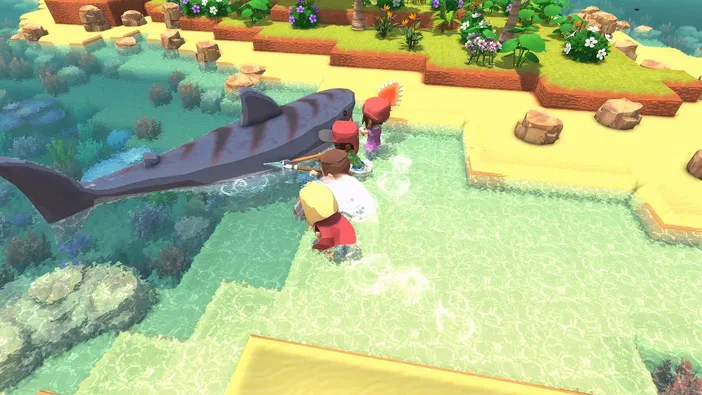 Dans le jeu vidéo Dinkum, trois personnages se tiennent dans l'eau peu profonde face à un grand requin gris.