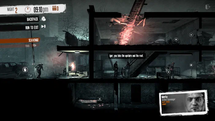 Capture d'écran du jeu vidéo This War of Mine montrant une vue en coupe transversale d'un bâtiment endommagé avec des personnages et un menu de survie.
