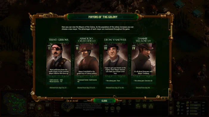 Dans le jeu vidéo They Are Billions, l'interface affiche les quatre maires de la colonie avec leurs portraits et descriptions.