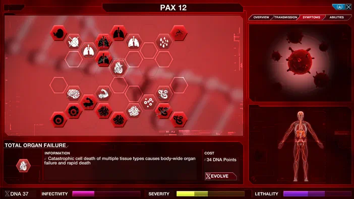 Capture d'écran du jeu vidéo Plague Inc: Evolved montrant l'interface de sélection des symptômes avec une carte hexagonale et un modèle anatomique.