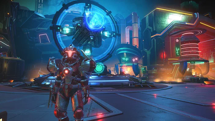 Dans le jeu vidéo No Man's Sky, un vaisseau spatial rouge se tient devant une structure circulaire bleue émettant de la lumière dans un environnement futuriste aux couleurs néons.