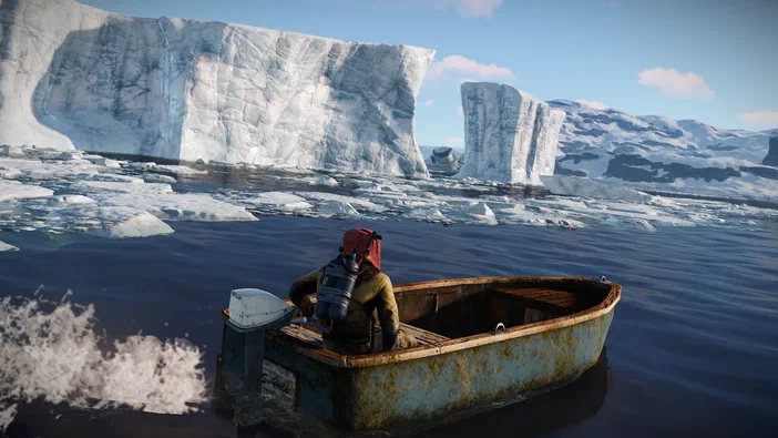 Dans le jeu Rust, un personnage est assis dans une petite barque bleue et rouillée sur de l'eau calme. En arrière-plan se dressent d'énormes icebergs blancs sous un ciel bleu avec quelques nuages.