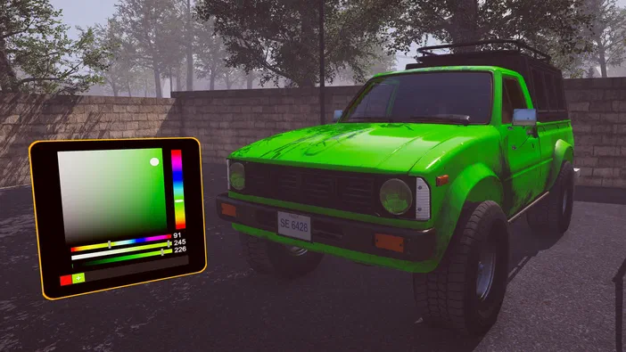 Capture d'écran du jeu vidéo Dinosaur Fossil Hunter montrant une voiture verte avec un écran de couleur à gauche.
