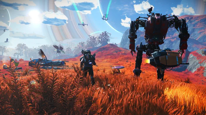 Capture d'écran du jeu vidéo No Man's Sky montrant un explorateur et un robot sur une planète aux champs rouges sous un ciel bleu avec des vaisseaux spatiaux.