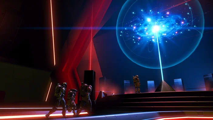 Dans le jeu vidéo No Man's Sky, des personnages en armure se tiennent devant une sphère holographique bleue émettant un faisceau lumineux.