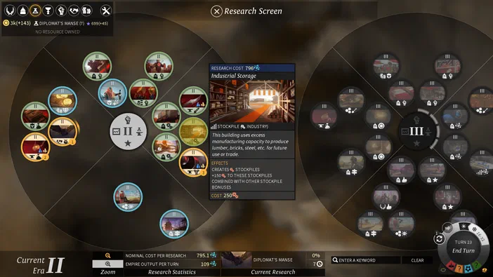 Capture d'écran de l'interface de recherche du jeu ENDLESS Legend™ montrant des options et statistiques.
