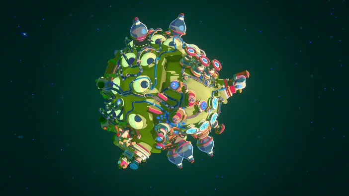 Capture d'écran du jeu vidéo Star Birds montrant une planète verte couverte de petits personnages mécaniques flottants dans l'espace.