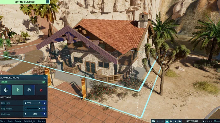 Dans Jurassic World Evolution 3, une vue de dessus d'un bâtiment en cours de construction dans un environnement désertique avec des palmiers.