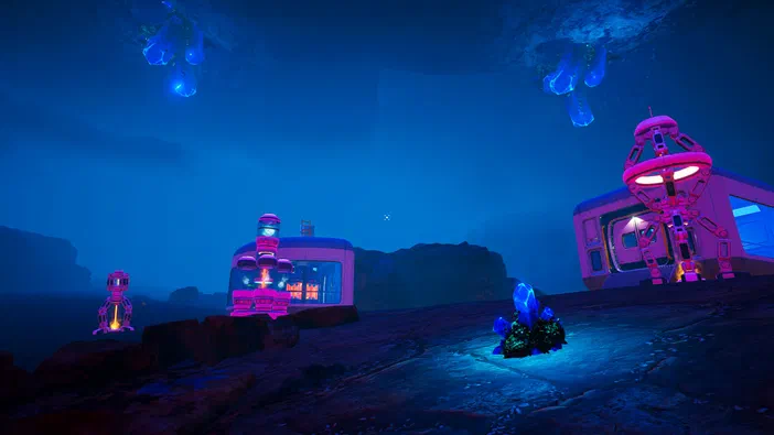 Capture d'écran du jeu vidéo The Planet Crafter montrant des structures et robots roses sur un terrain rocheux sous une eau bleue.