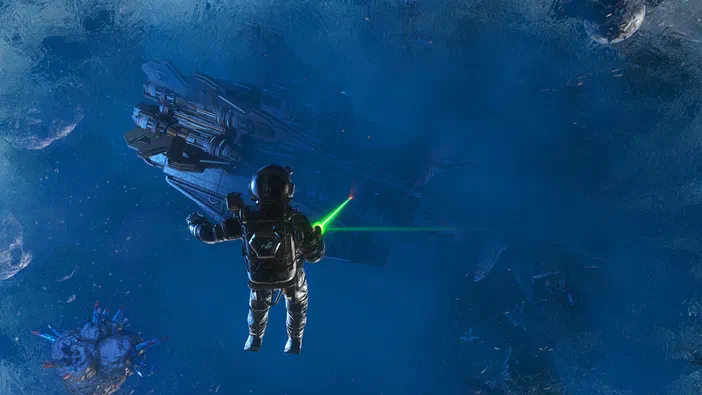 Dans l'espace de No Man's Sky, un astronaute tient une arme laser verte face à son vaisseau spatial.