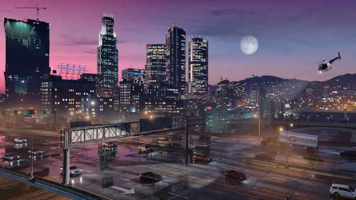 Vue noctuelle d'une ville de Grand Theft Auto V avec des gratte-ciels illuminés et une autoroute humide sous un ciel violet.