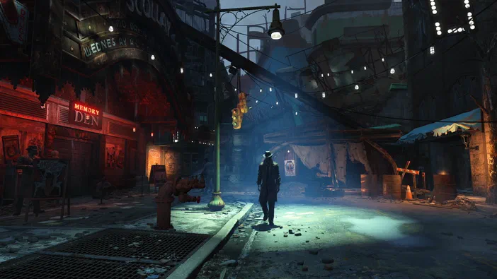 Capture d'écran de Fallout 4 montrant un personnage en tenue sombre se tenant dans une rue post-apocalyptique aux bâtiments délabrés et éclairée par des néons rouges.