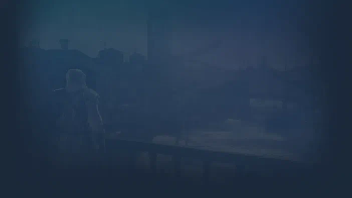 Assassin's Creed II : Ezio Auditore sur un balcon en ville au crépuscule