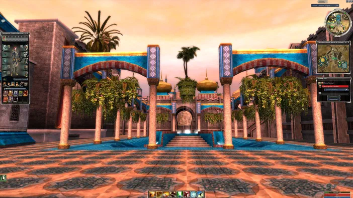 Vue du Bazar de Kodash dans Guild Wars Reforged, un lieu rappelant Marrakech avec des accents bleus inspirés du Jardin Majorelle.