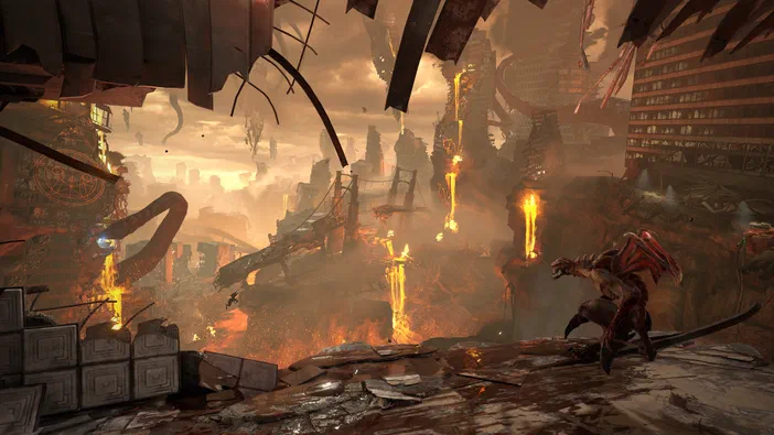 Dans DOOM Eternal, le personnage Doomguy se tient sur des décombres en feu au milieu d'une cité industrielle détruite sous un ciel orageux.