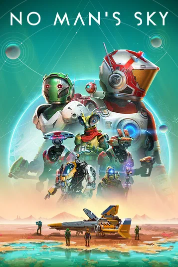 Affiche du jeu vidéo No Man's Sky montrant des personnages en combinaison spatiale et un vaisseau sur une planète.
