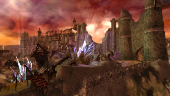 Capture d'écran de Guild Wars® Reforged montrant un paysage ruiné avec des cristaux violets sous un ciel rouge sang.