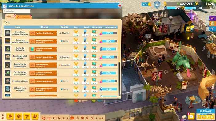 Dans le jeu Two Point Museum, une fenêtre affiche la liste des spécimens et leurs statistiques dans un musée virtuel.