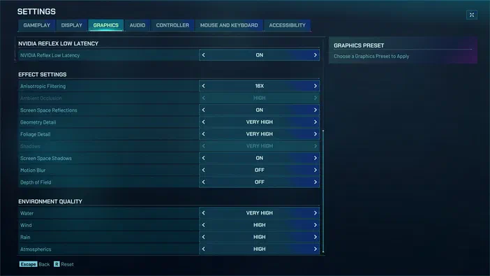 Page de réglages graphiques du jeu Jurassic World Evolution avec des options comme le filtrage anisotrope, les ombres et la qualité environnementale.
